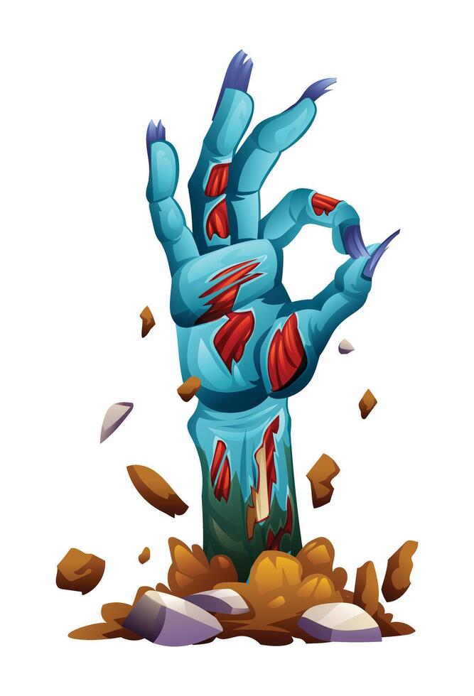 Zombie hand making an OK sign with torn skin and exposed bones rising from the ground. cartoon illustration vector