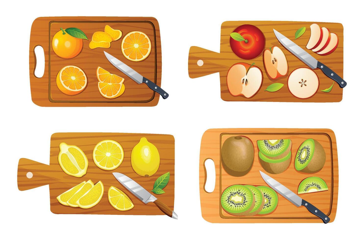 Set of various fruits on cutting boards. Includes orange, apple, lemon, and kiwi. illustration vector
