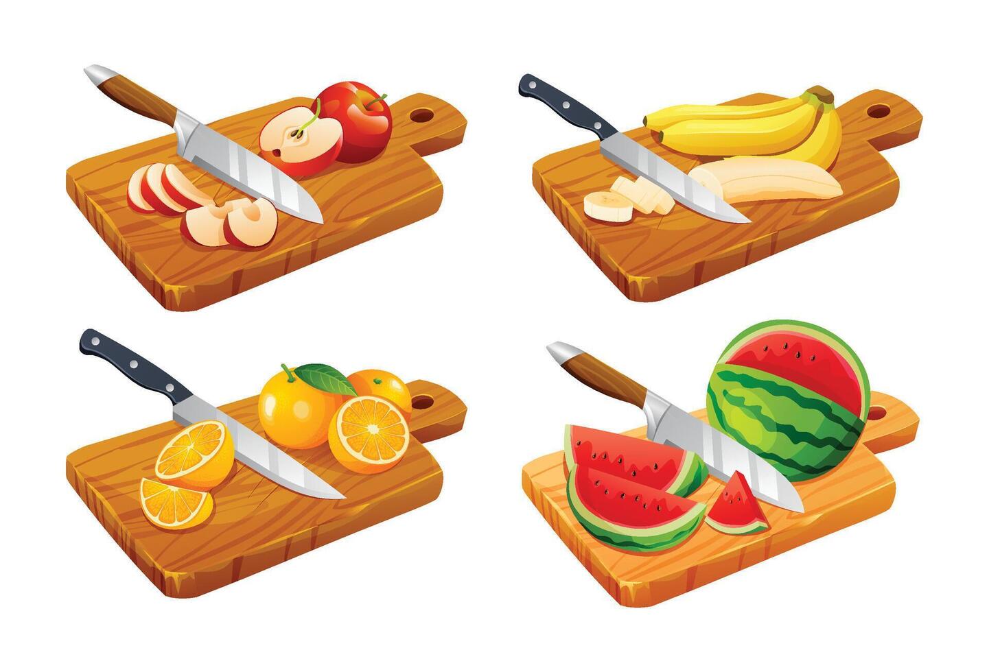 Set of various fruits on wooden cutting boards. Includes apple, banana, orange, and watermelon. illustration vector