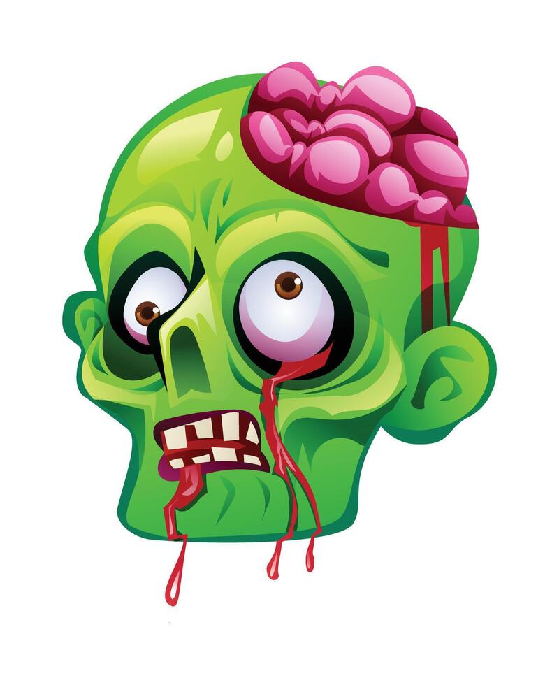 Zombie head with exposed brain and bleeding eyes. cartoon illustration vector