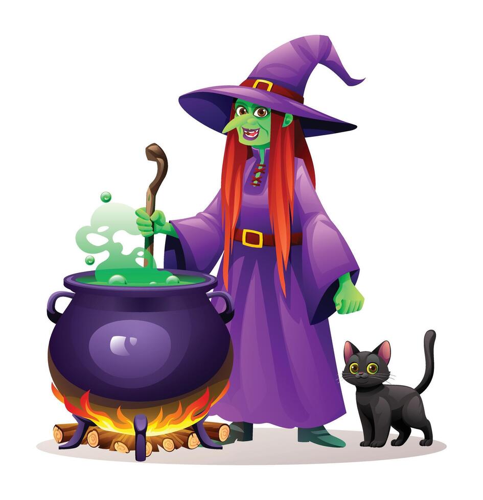 Witch stirs a cauldron of green potion accompanied by a black cat. cartoon character illustration vector