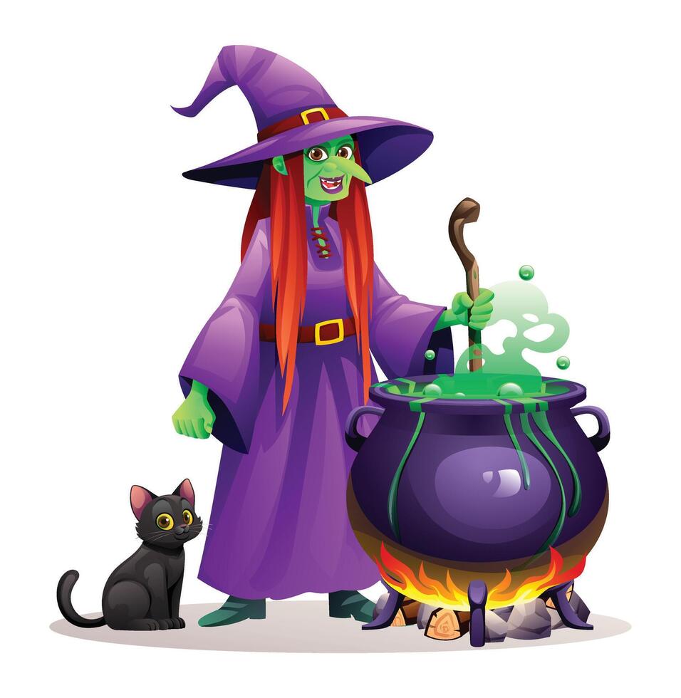 Witch stirs a cauldron of green potion accompanied by a black cat. cartoon illustration vector