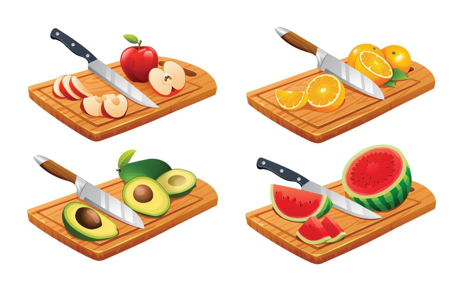 Set of different fruits on cutting boards. Includes apple, orange, avocado, and watermelon. illustration vector