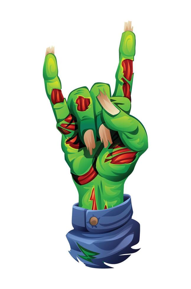 Zombie hand with torn skin making a rock sign. cartoon illustration vector