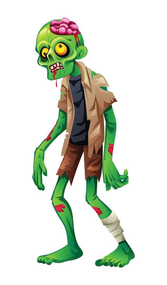Zombie with exposed brain and tattered clothes. cartoon illustration isolated on white background vector
