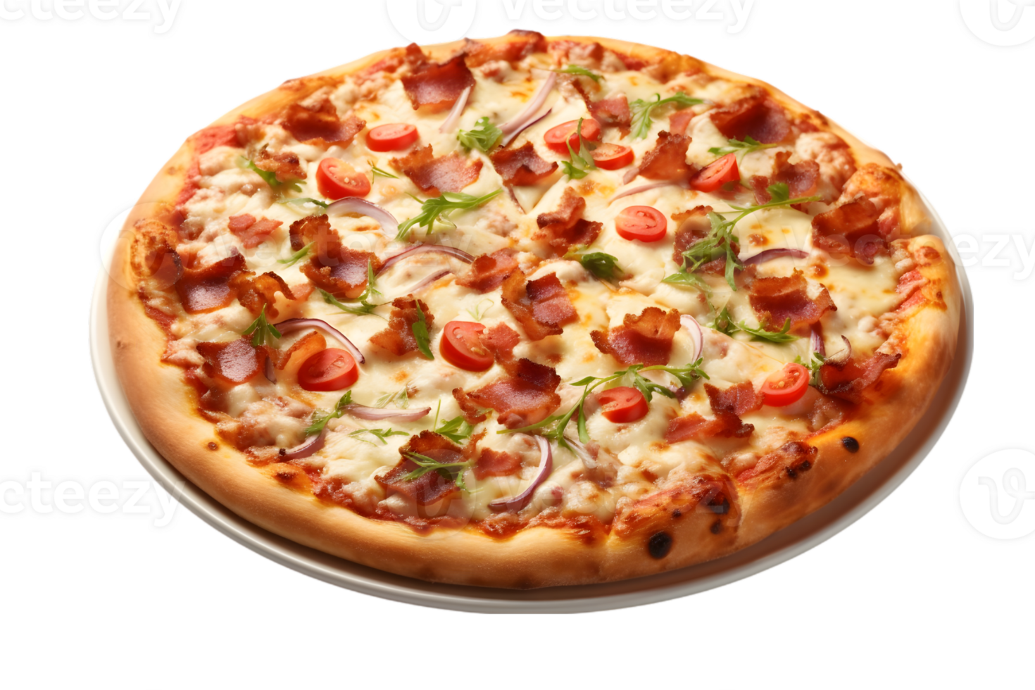 Pizza with bacon, mozzarella and tomato on transparent background png
