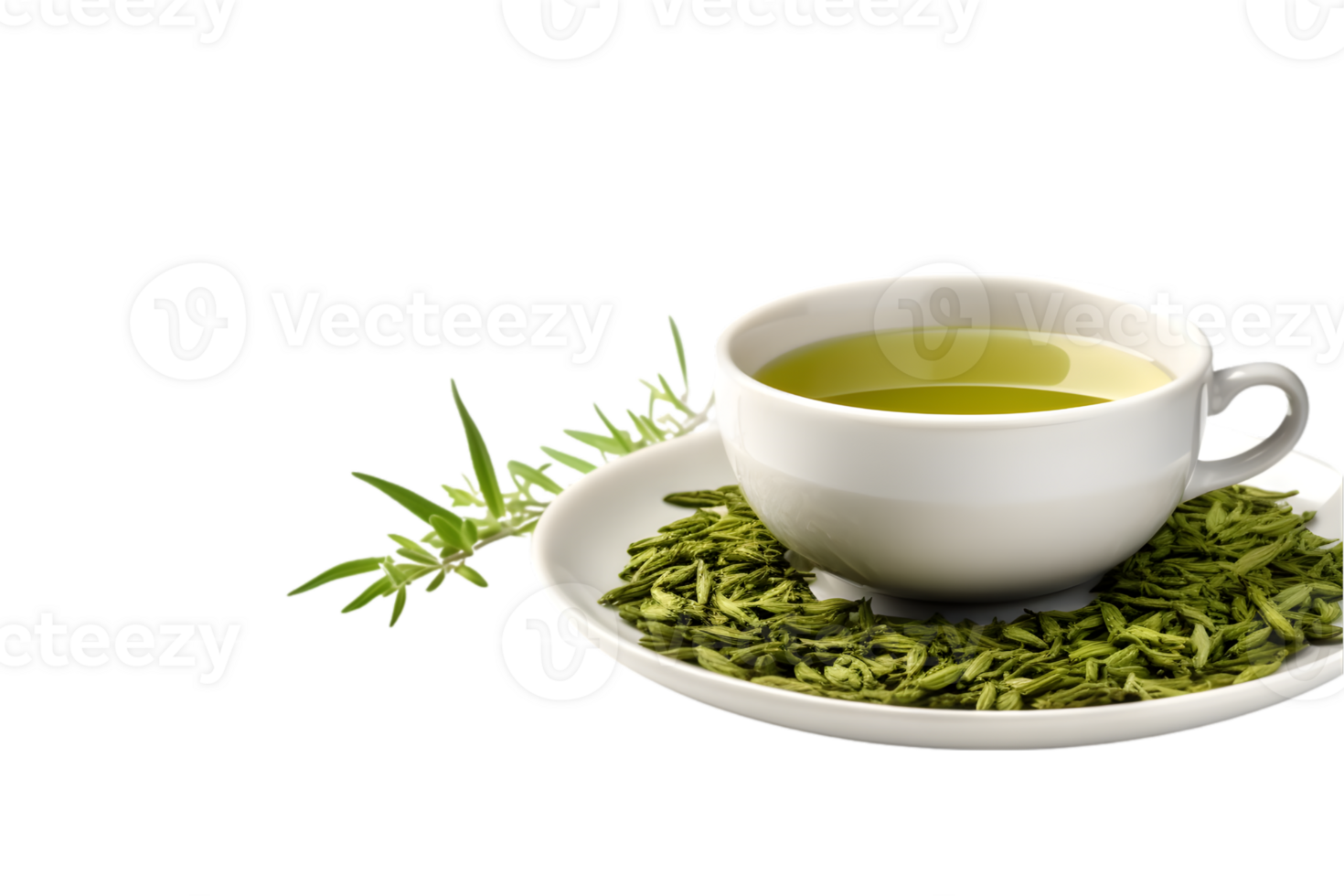 Cup of green tea with dry tea leaves on transparent background png