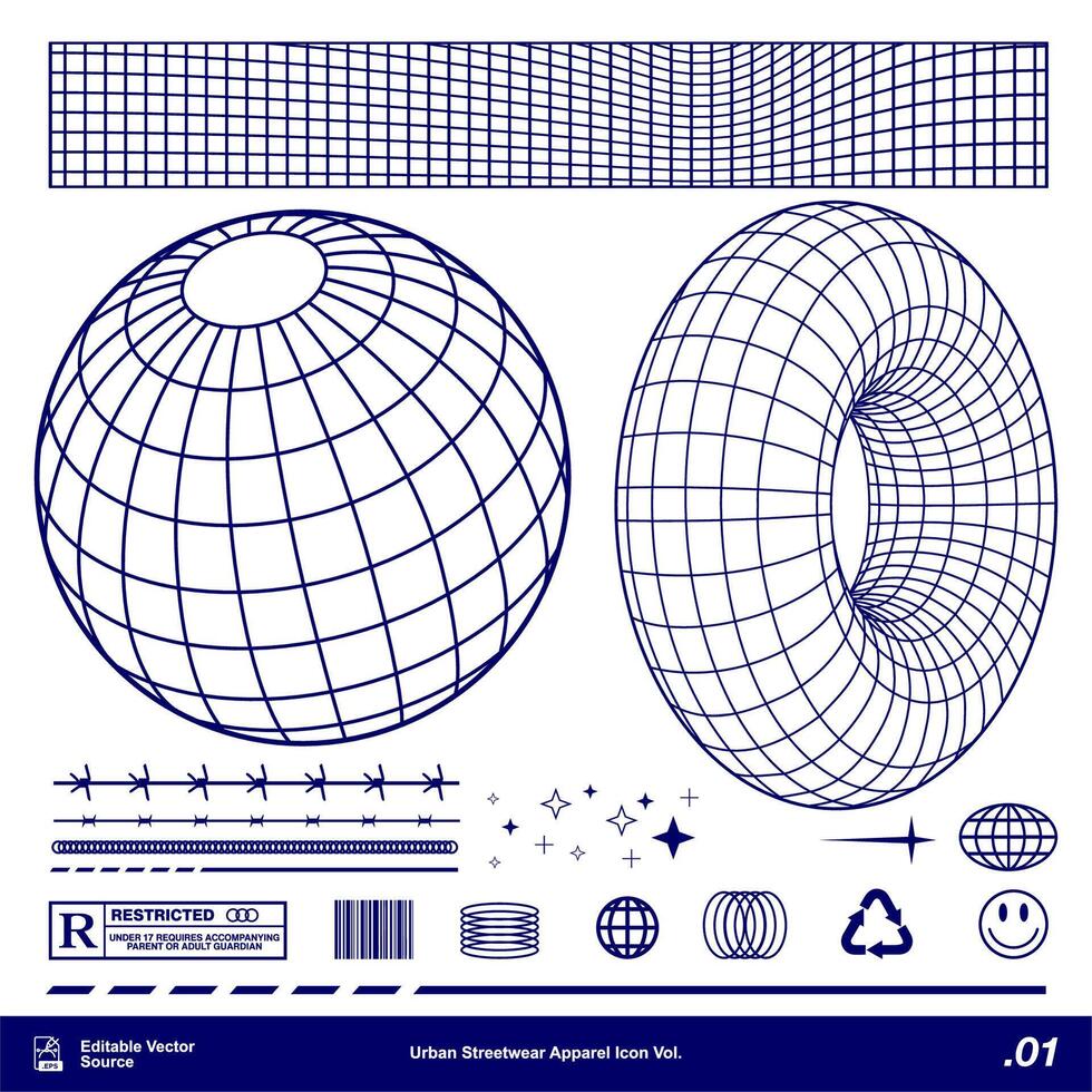 Urban Streetwear Apparel Icon set Vol 1 Globe Wireframe vector