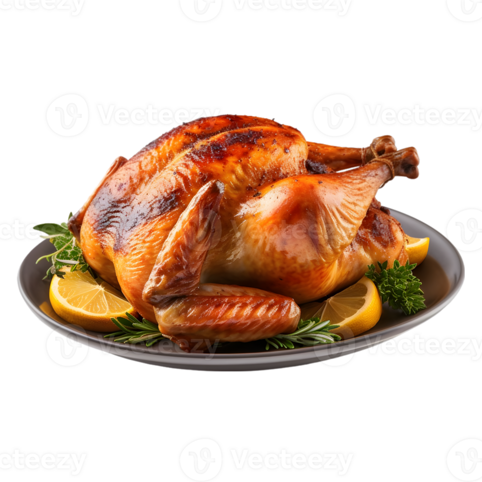Roasted whole chicken with lemon and rosemary on transparent background png