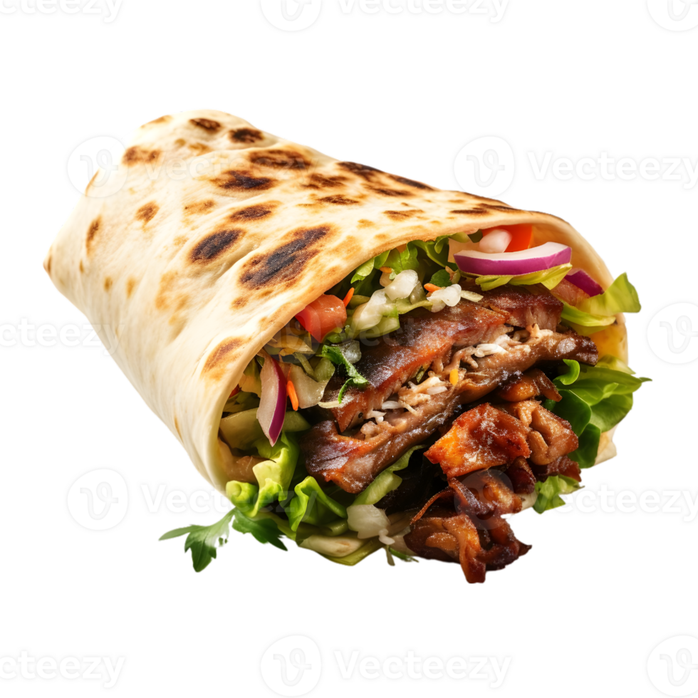 Doner kebab with vegetables and sauce on transparent background png