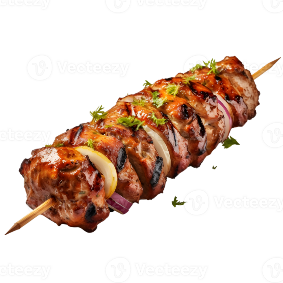 Skewers of pork meat with onion and parsley on transparent background png