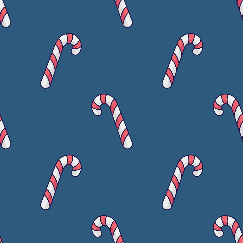Candy cane seamless pattern. Caramel stick, lollipop illustration in doodle style. Hand drawn candy cane on blue background. Christmas texture, textile design vector