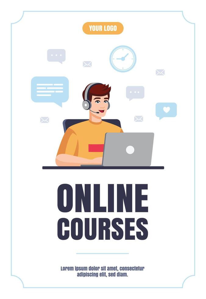 Young man studying or working with laptop. Flat design. Illustration, flyer, poster, banner, advertising design. Online education, courses, studying, working, concept. vector