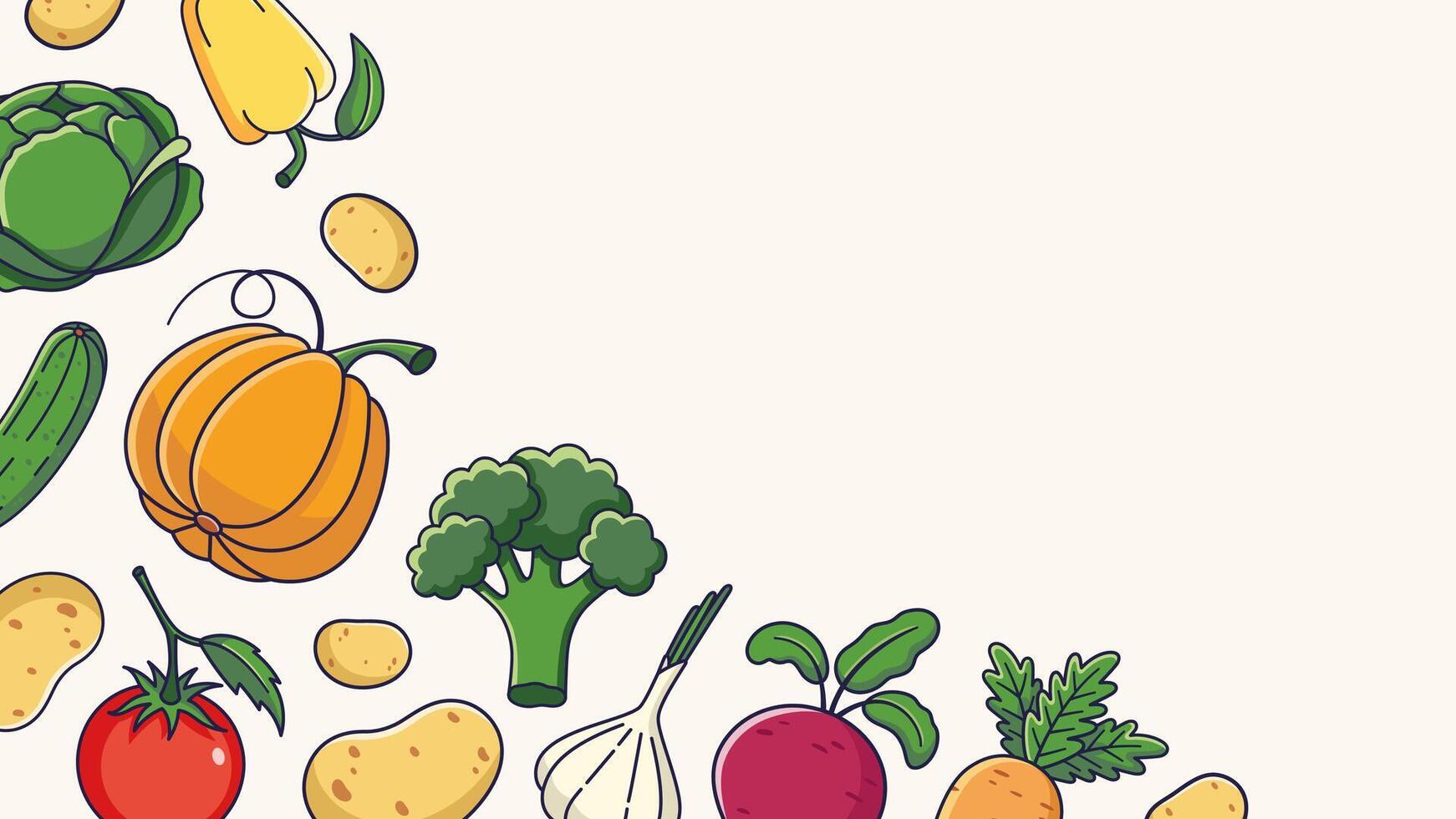 Copy space design with cartoon vegetables. Flat design. Advertising poster, card, banner, leaflet. Farmers market template flyer. Autumn harvest rectangular frame with vegetables. Illustration. vector