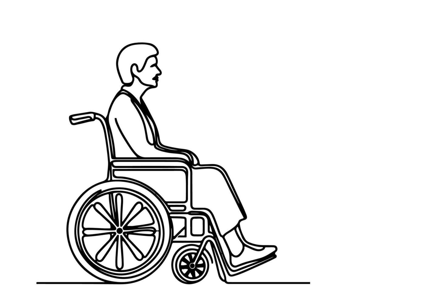 Continuous one line drawing of senior old people sitting in wheelchair, people with disability outline on white background vector