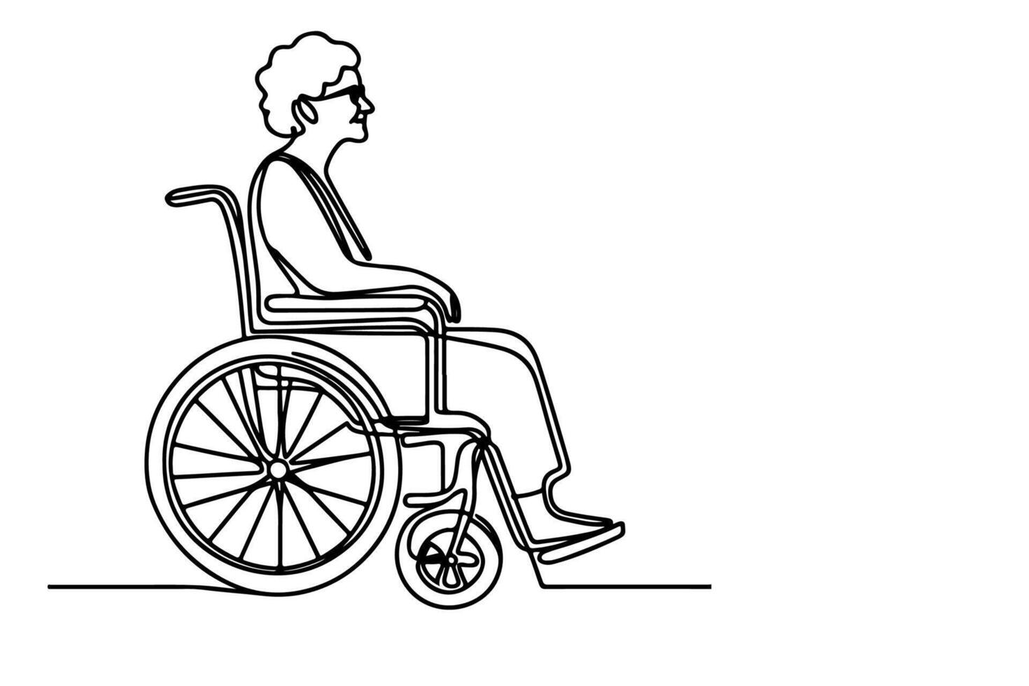 Continuous one line drawing of senior old people sitting in wheelchair, people with disability outline on white background vector