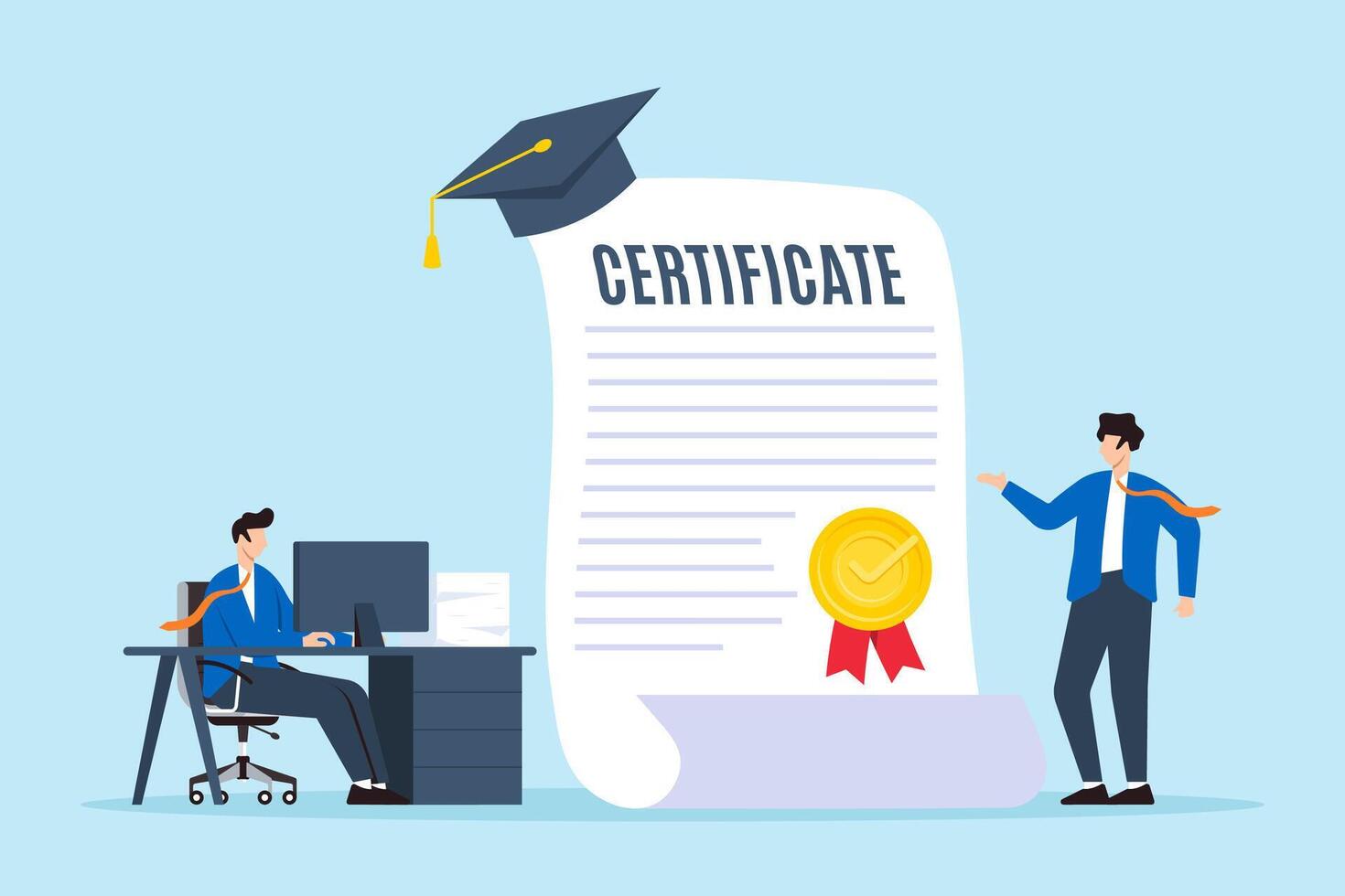 Candidate presenting certificate to recruiter certifying excellence recognizing top talent official recognition achievements vector