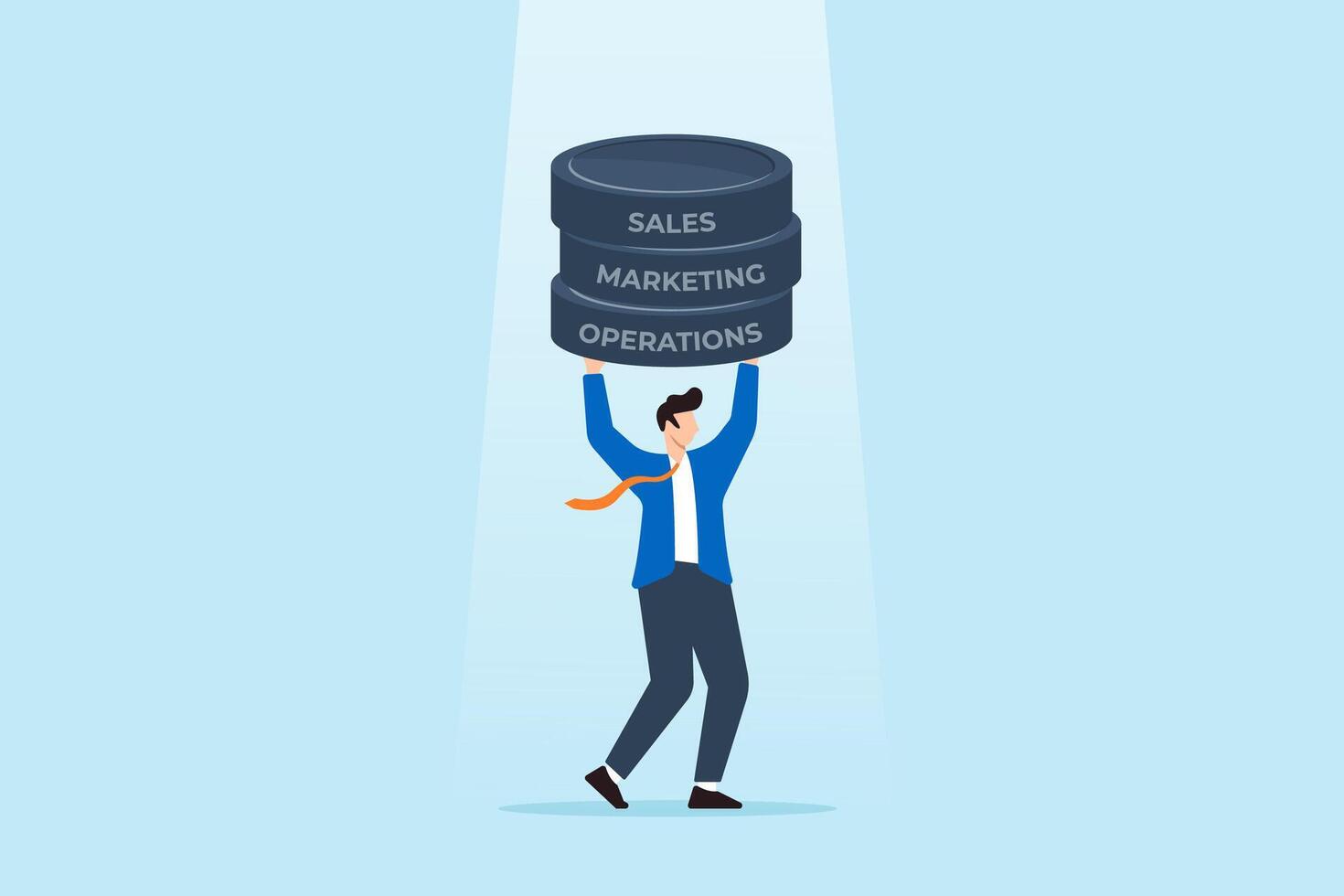 Businessman lifting weights labeled Sales Marketing and Operations concept balancing different business functions vector