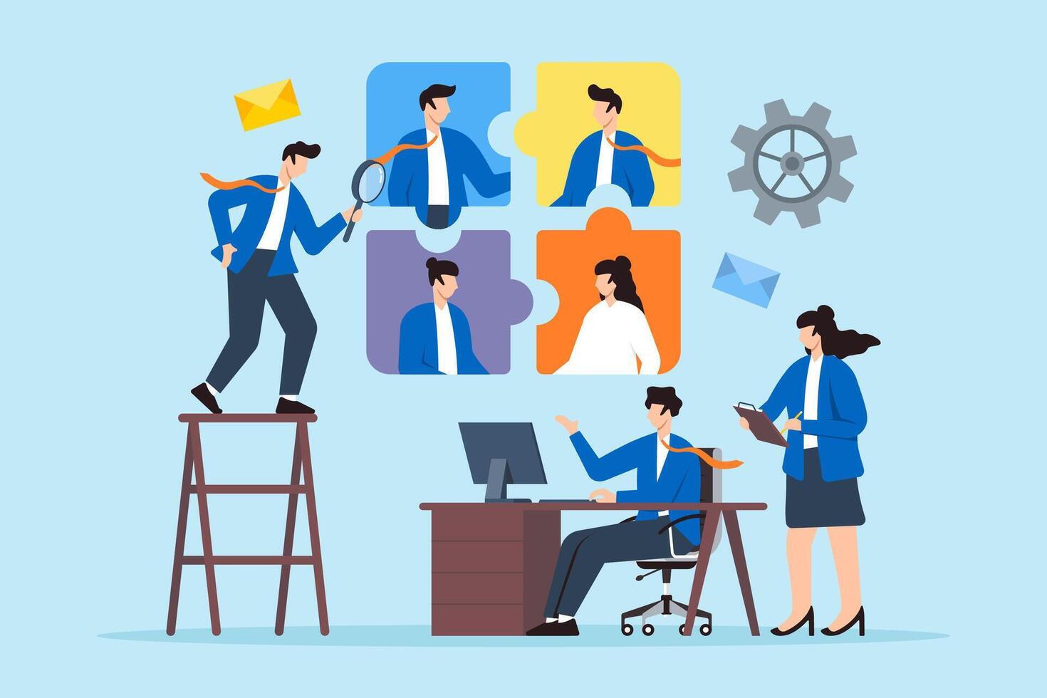 Business team examining puzzle pieces with candidate profiles concept synergy finding perfect match collaborative hiring vector