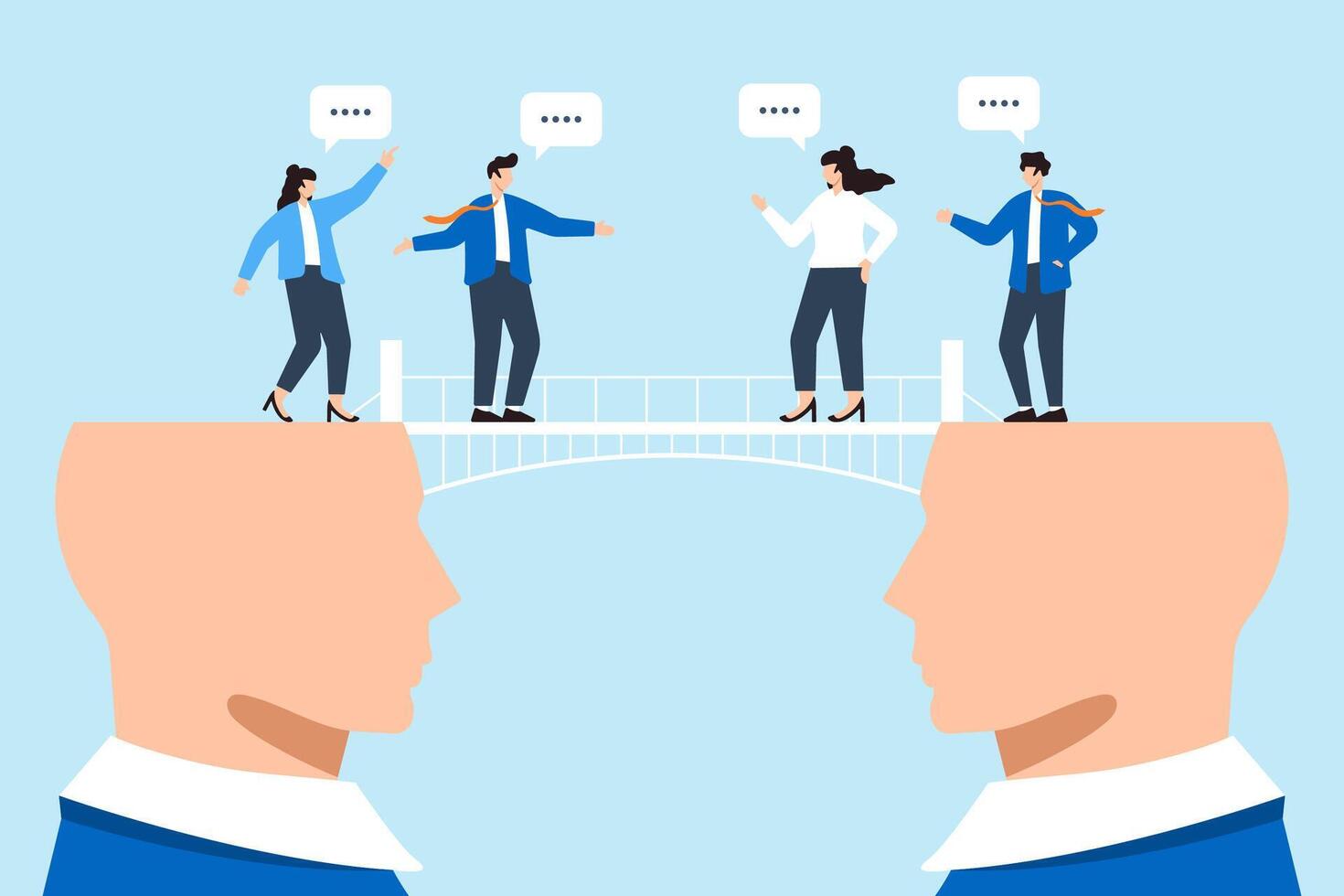 Business team on communication bridge of two heads concept effective collaboration transparency and understanding vector