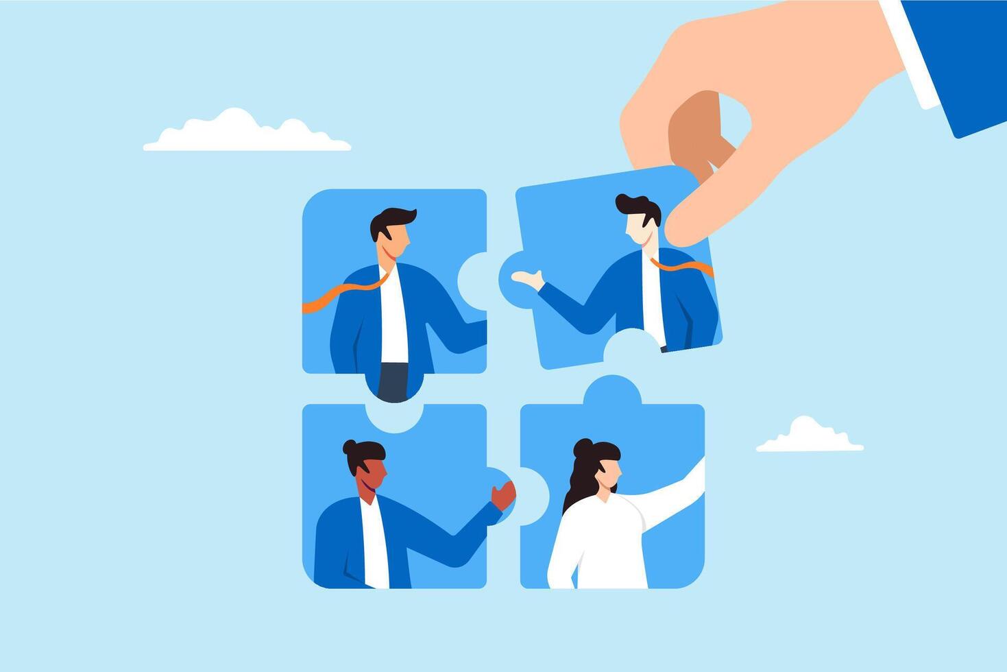 Businessman hand assembling puzzle of diverse people concept diversity inclusion and creating cohesive workforce vector