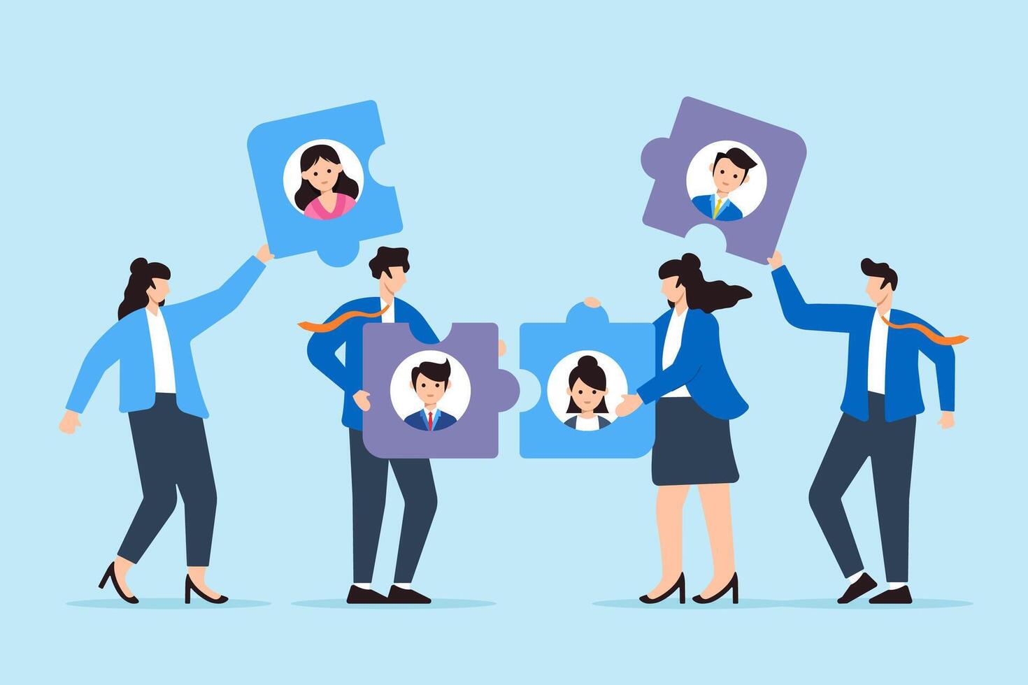 HR team assembling jigsaw puzzle with candidate profiles fitting pieces together strategic hiring synergy detailed evaluation vector