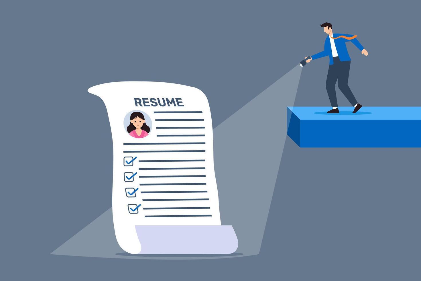 Recruiter using flashlight to highlight resumes focused candidate search illuminating top talent detailed scrutiny standout profiles vector