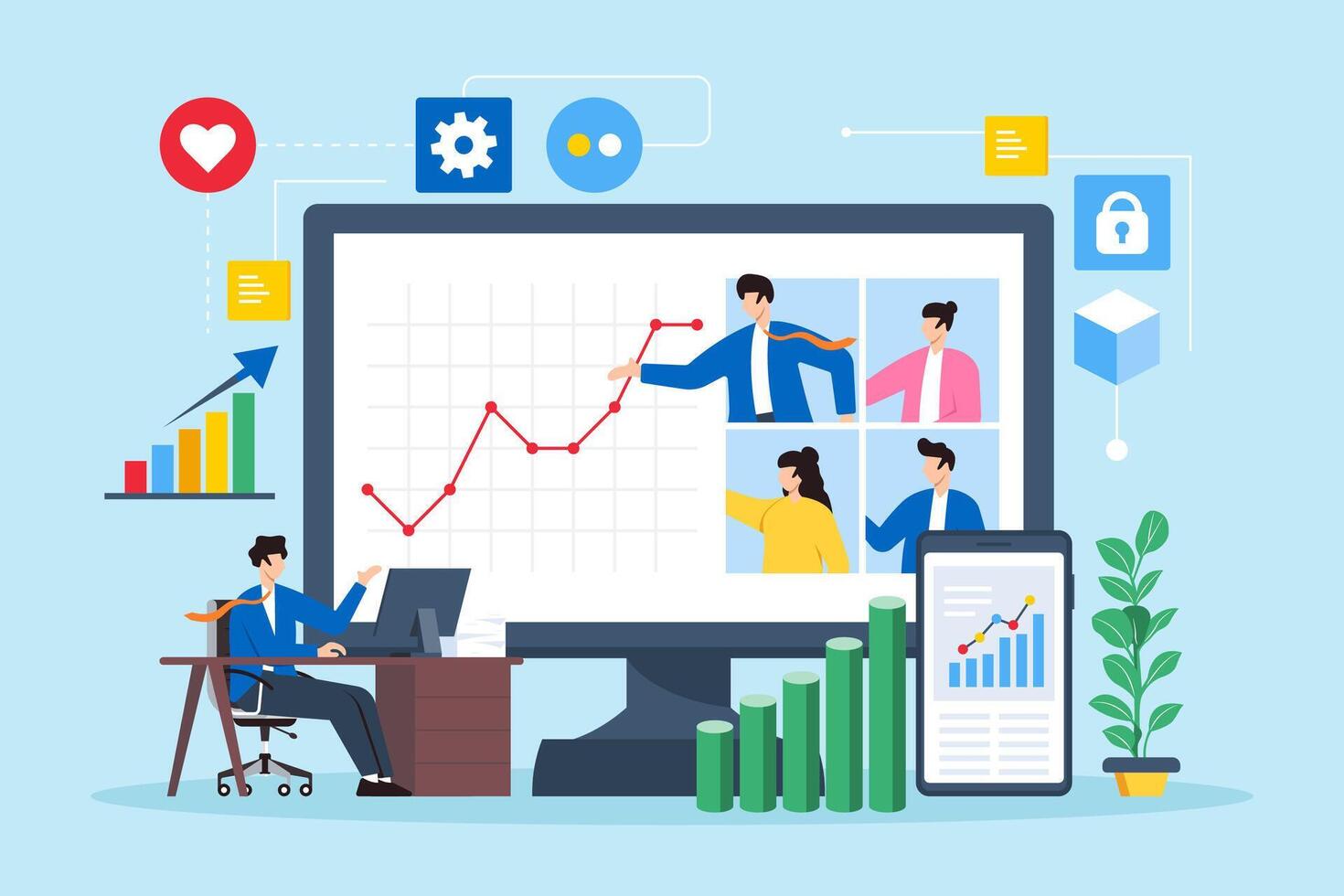 Business team collaborating in virtual workspace Concept Remote work digital collaboration and interconnectedness vector