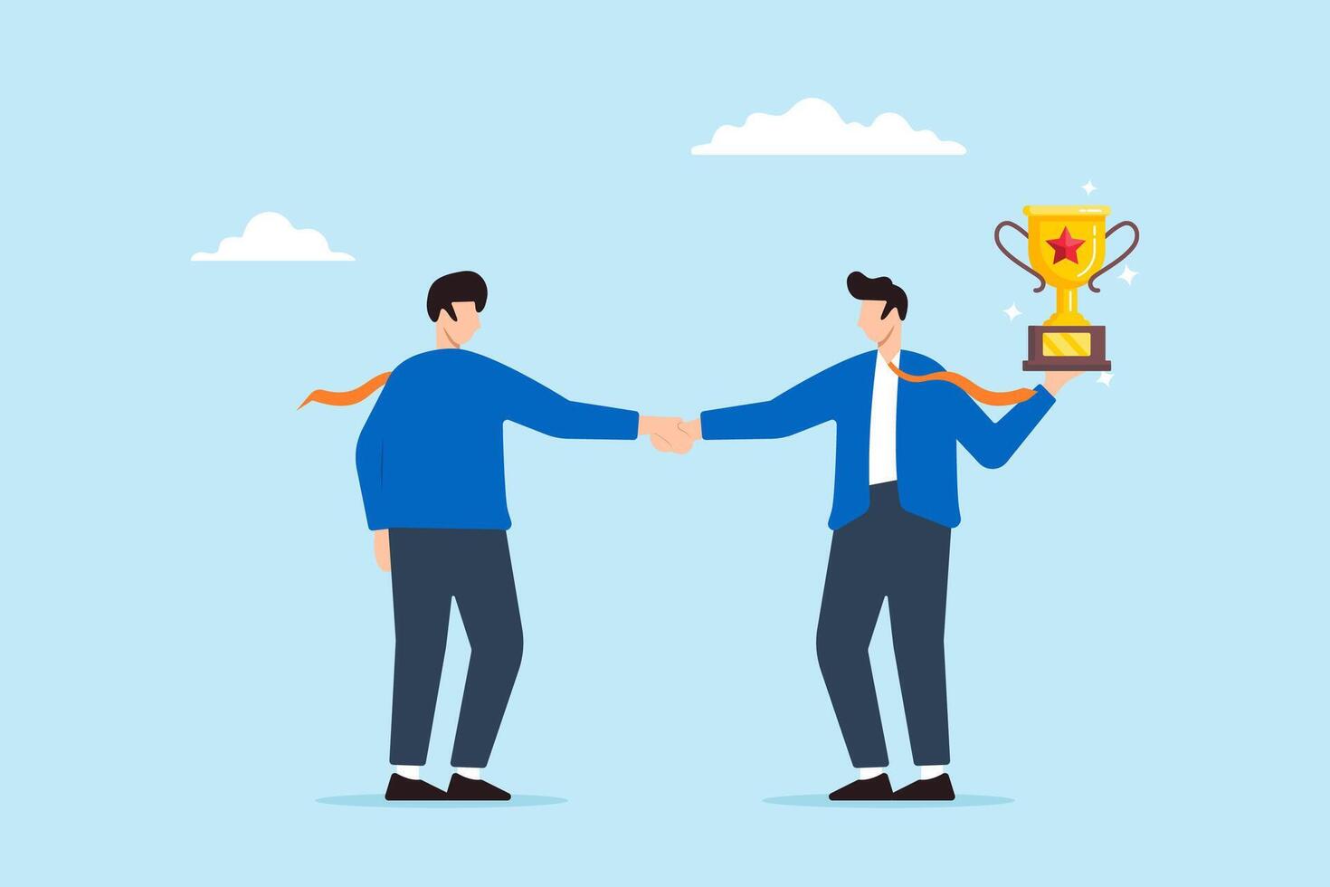Employer shaking hands with candidate holding trophy concept hiring best rewarding top talent celebrating successful recruitment vector