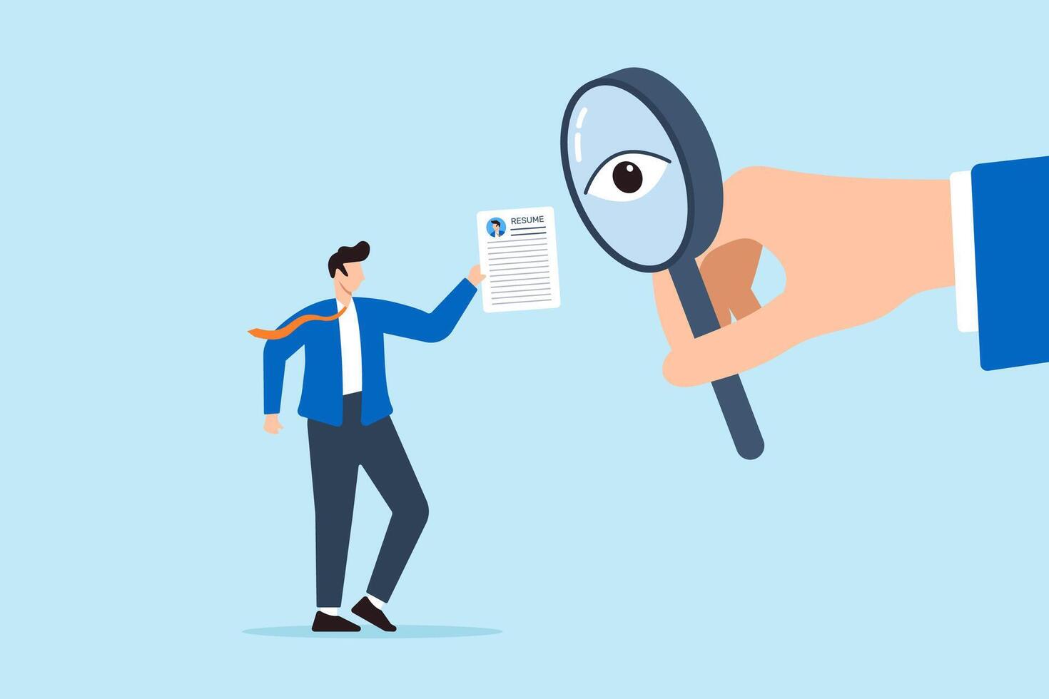 Recruiter hand using magnifying glass with eye to inspect resumes hold by candidate detailed evaluation thorough scrutiny finding best meticulous recruitment vector