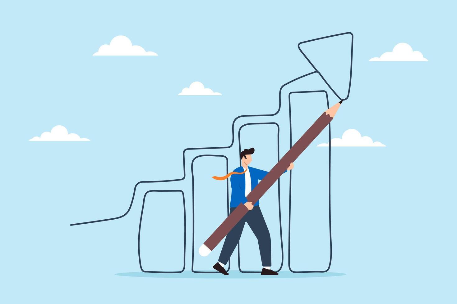 Businessman draws giant pencil to sketch growth plans concept strategic planning creativity and business development vector