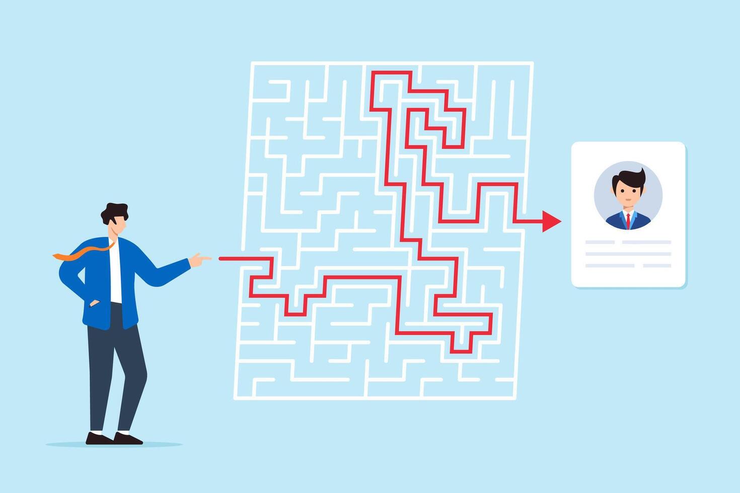HR manager navigating labyrinth with candidate profiles complex hiring process finding best path strategic recruitment overcoming obstacles vector