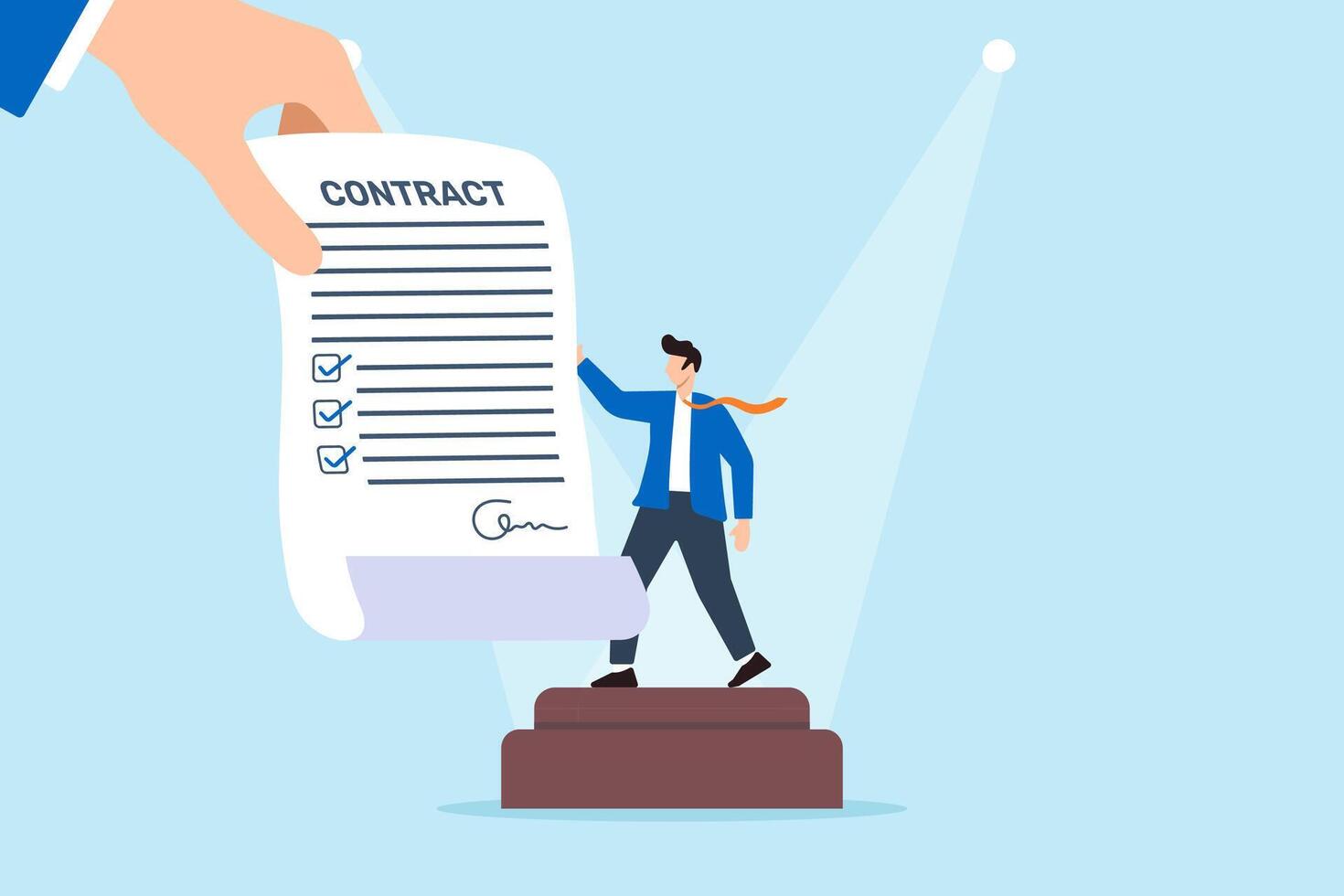 Recruiter hand giving contract to candidate on pedestal concept offering best job top selection celebrating successful hires vector