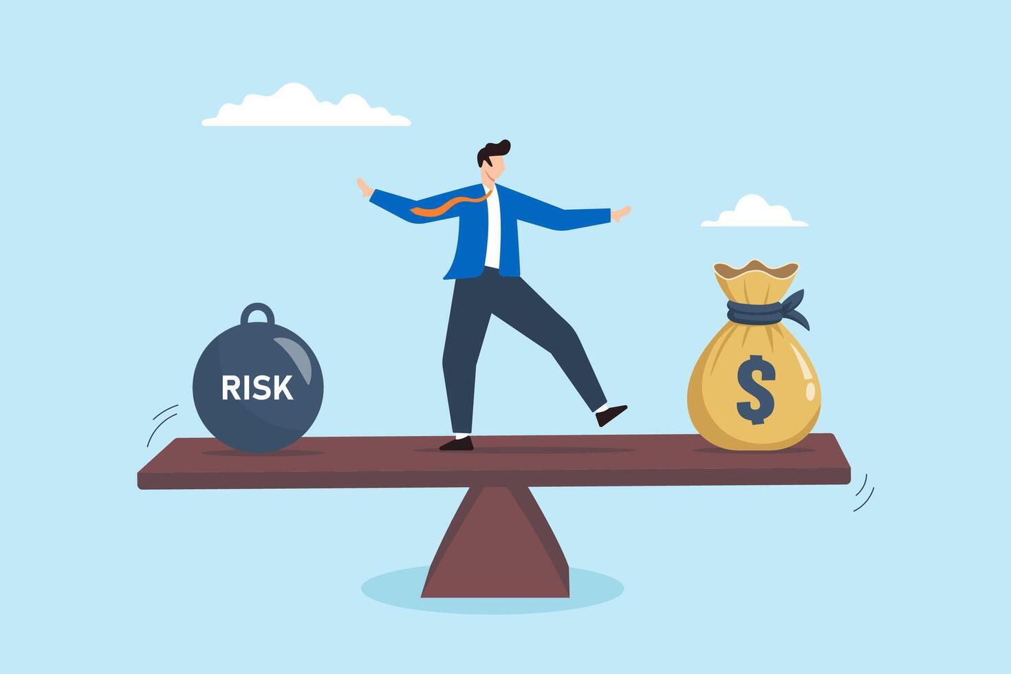 Businessman balancing on seesaw between risk and money bag reward concept management investment decisions and equilibrium vector
