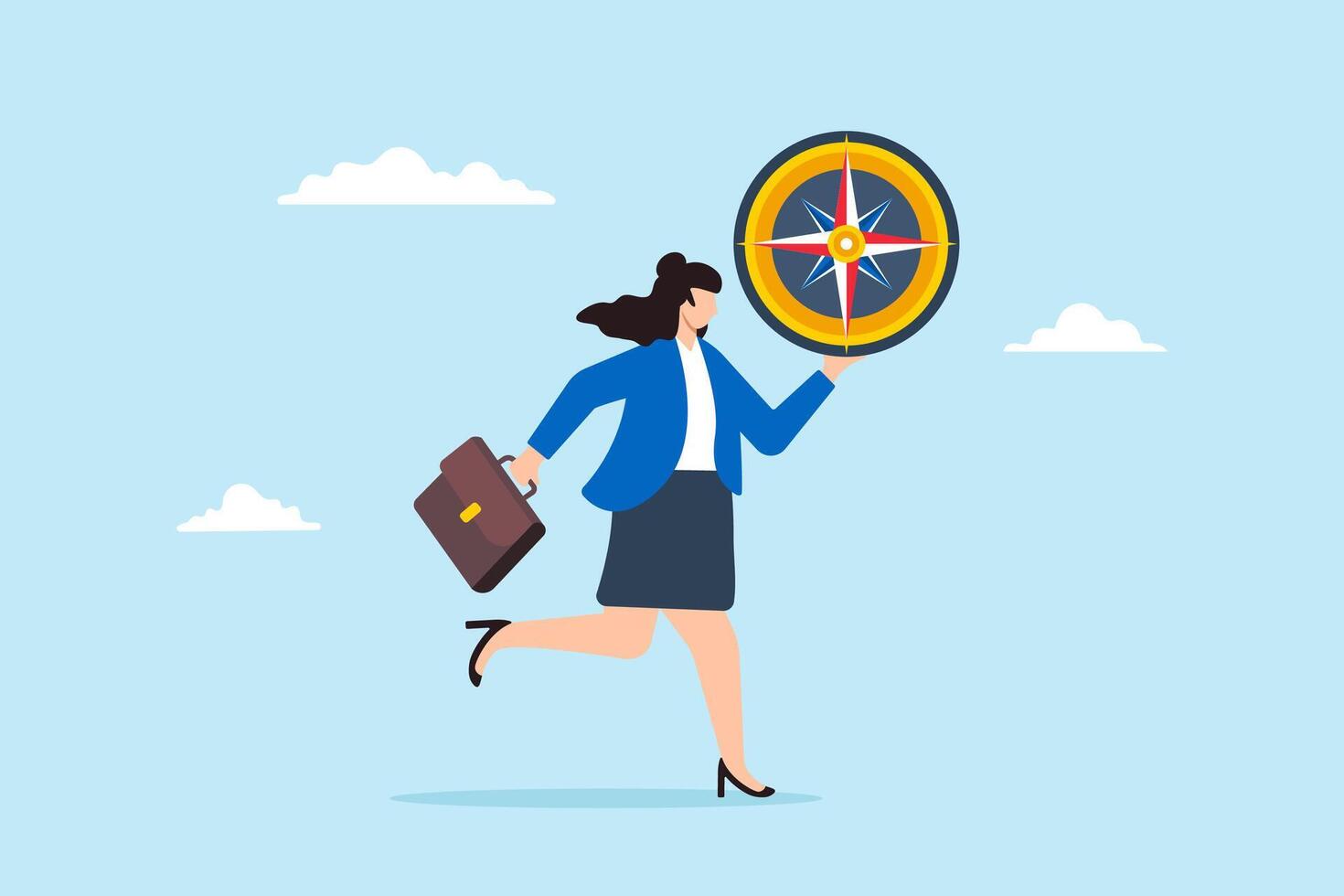 Businesswoman holding compass navigating through uncertainty concept direction strategy and adaptability vector