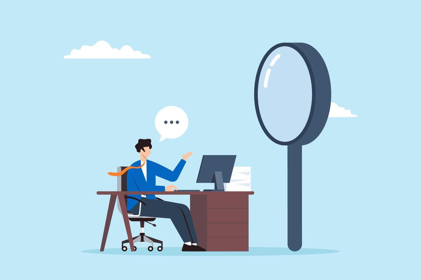 HR manager conducting interview with magnifying glass detailed candidate assessment thorough questioning focused recruitment meticulous hiring vector