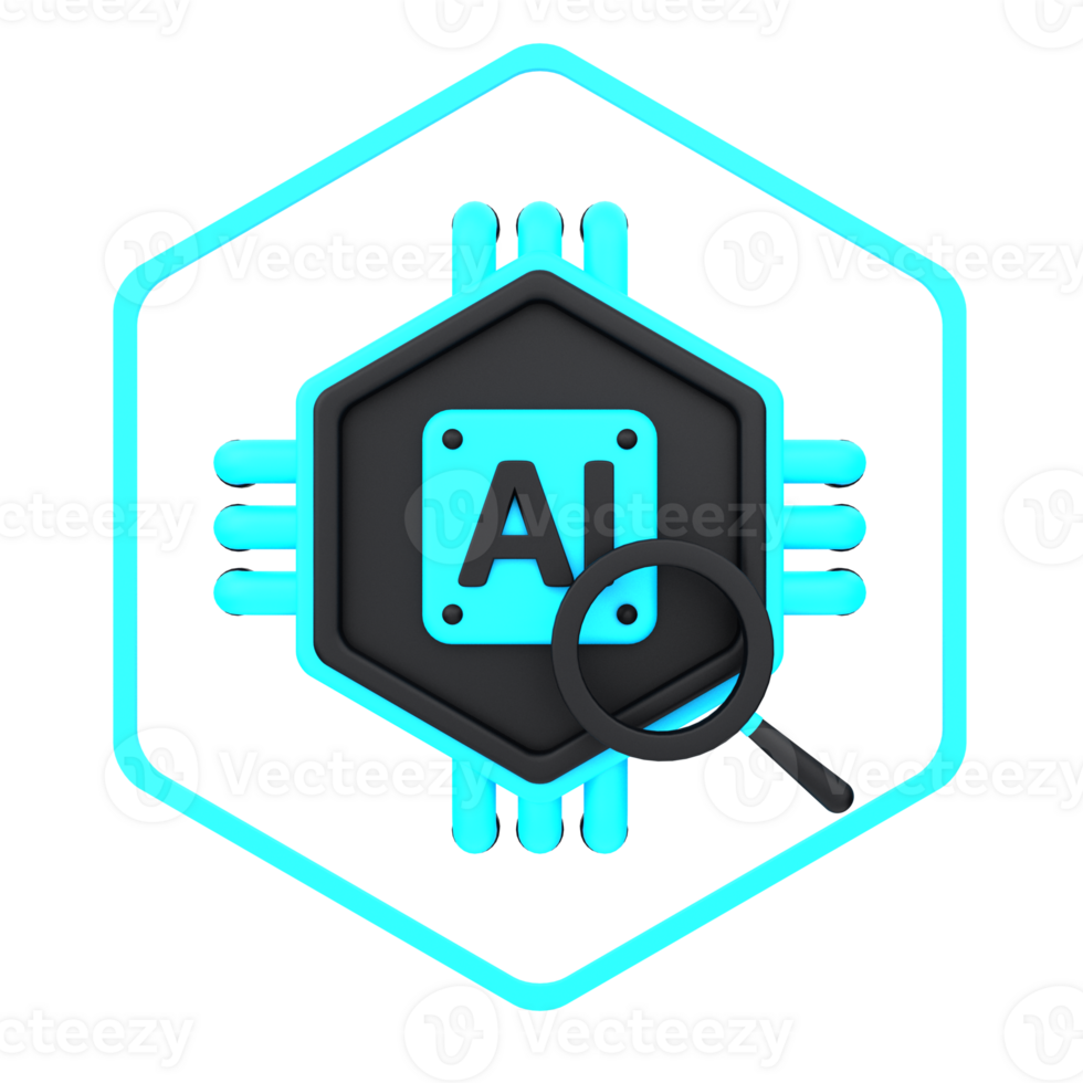 3d minimal artificial intelligence concept. Artificial Intelligence Search. AI chip with magnifying glass. 3d illustration png