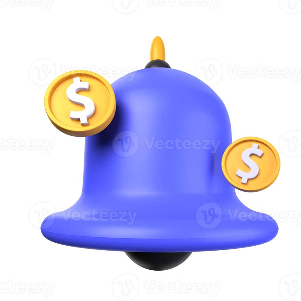 Payment Notification of 3d illustration. blue bell, dollar coin. payment transaction 3D concept. 3d illustration png