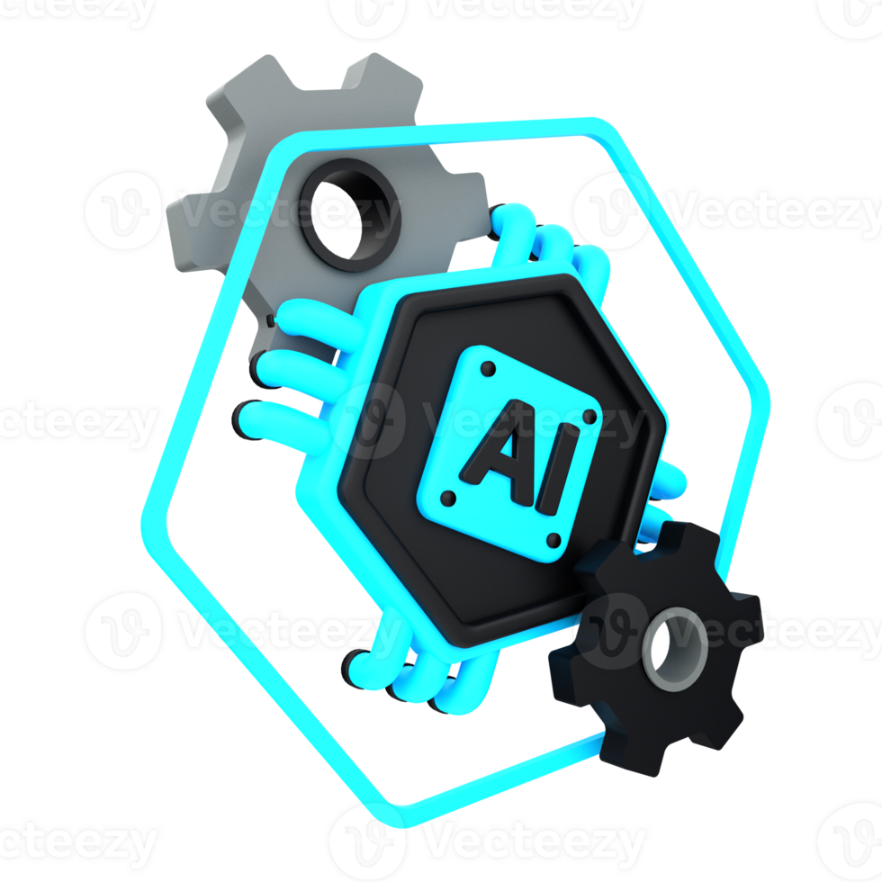 3d minimal artificial intelligence concept. Artificial Intelligence Machine. AI chip with gears. 3d illustration png