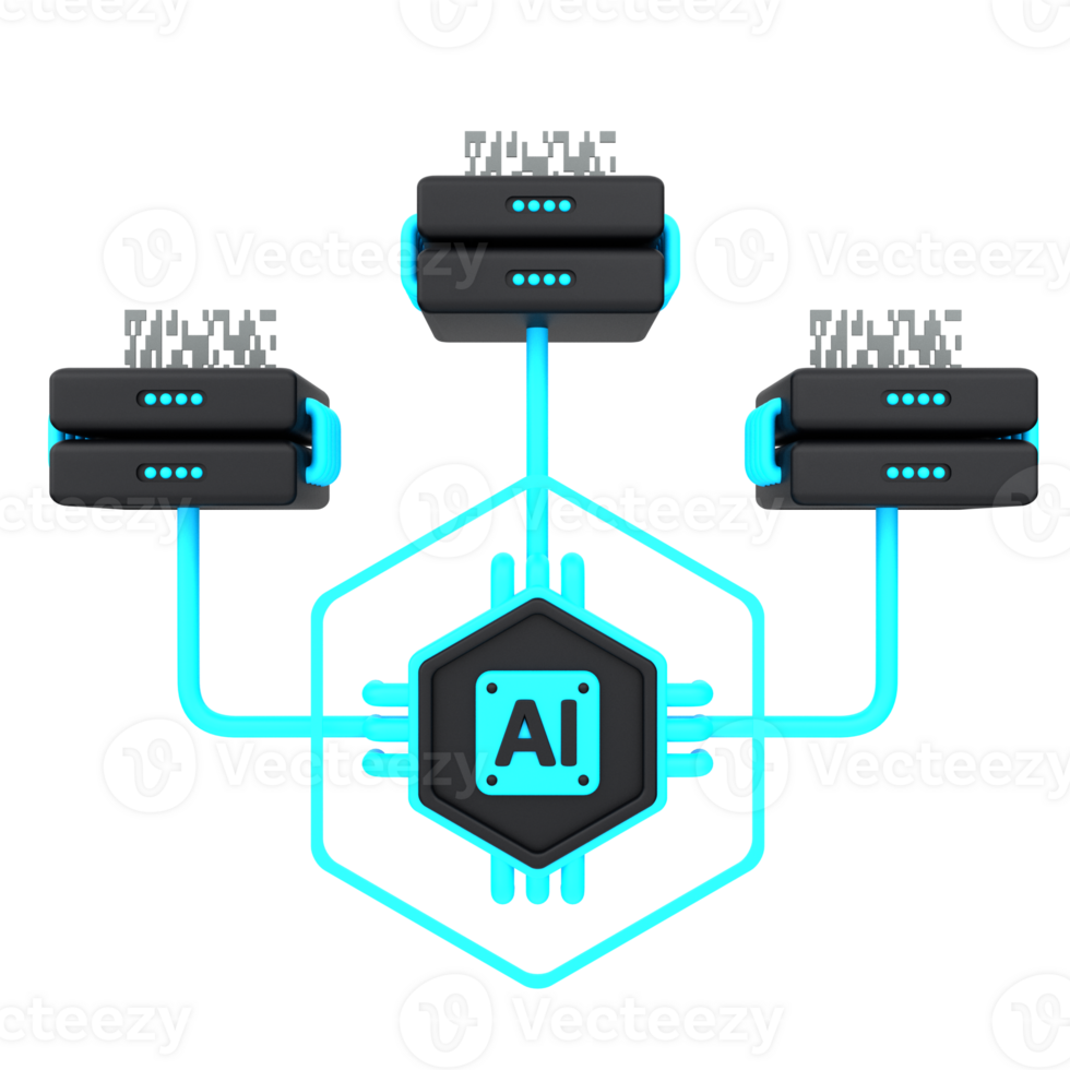 3d minimal artificial intelligence concept. Artificial Intelligence Process Database. AI chip with data network server. 3d illustration png
