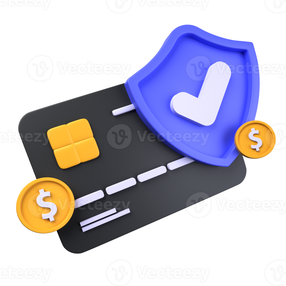 Security Payment of 3d illustration. black credit card, dollar coin, shield, checklist. payment transaction 3D concept. 3d illustration png