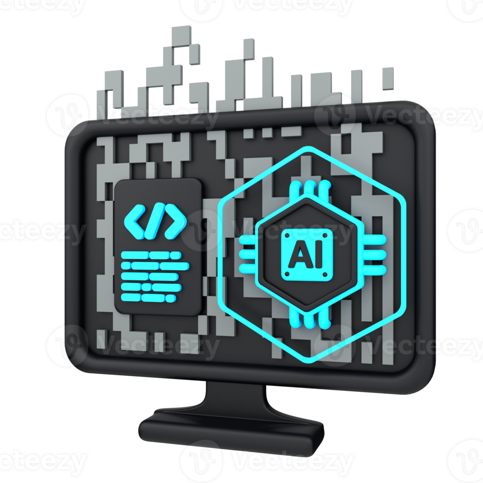 3d mínimo artificial inteligência conceito. artificial inteligência programa. ai lasca com computador, codificação janela e digital dados. 3d ilustração png