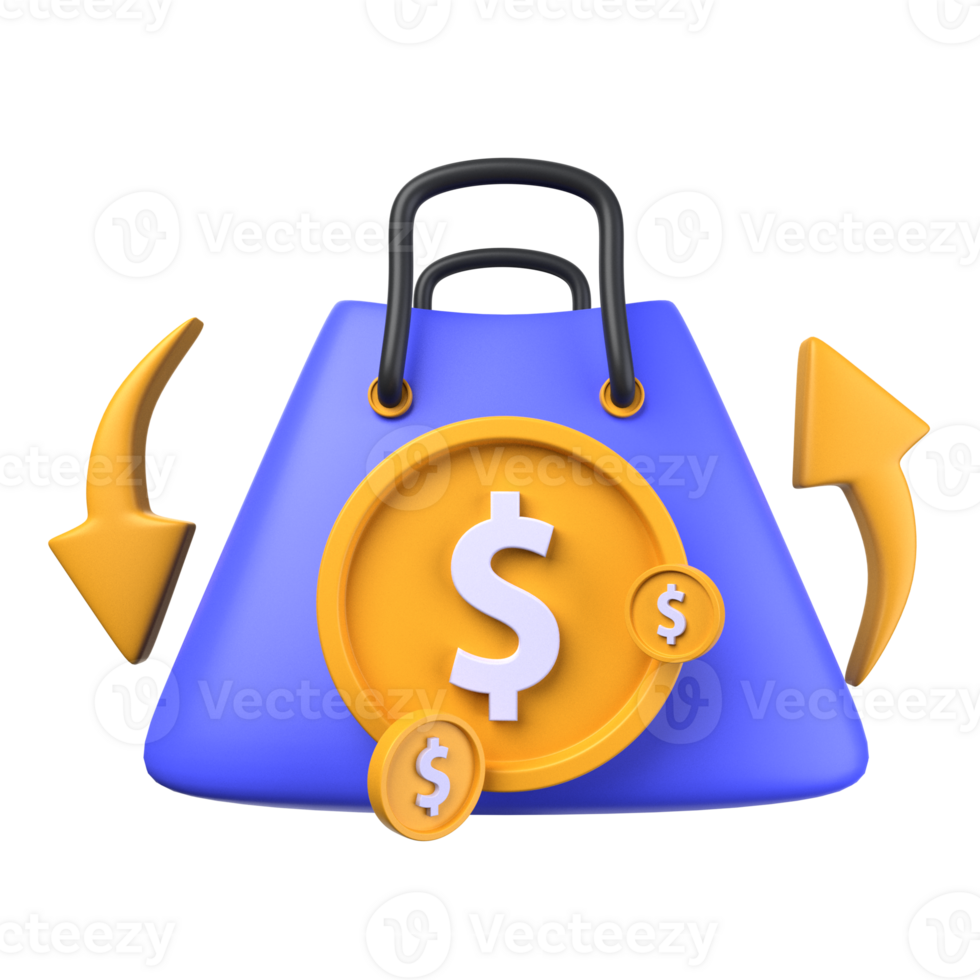 Purchase Transaction of 3d illustration. shopping bag, dollar coin, circular arrow. payment transaction 3D concept. 3d illustration png