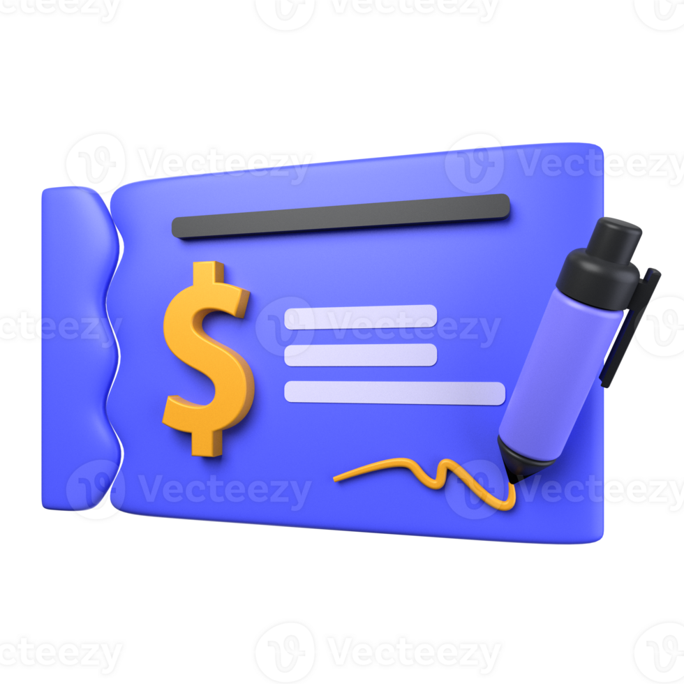 Bank Cheque of 3d illustration. dollar icon, paper, cheque, pen. payment transaction 3D concept. 3d illustration png