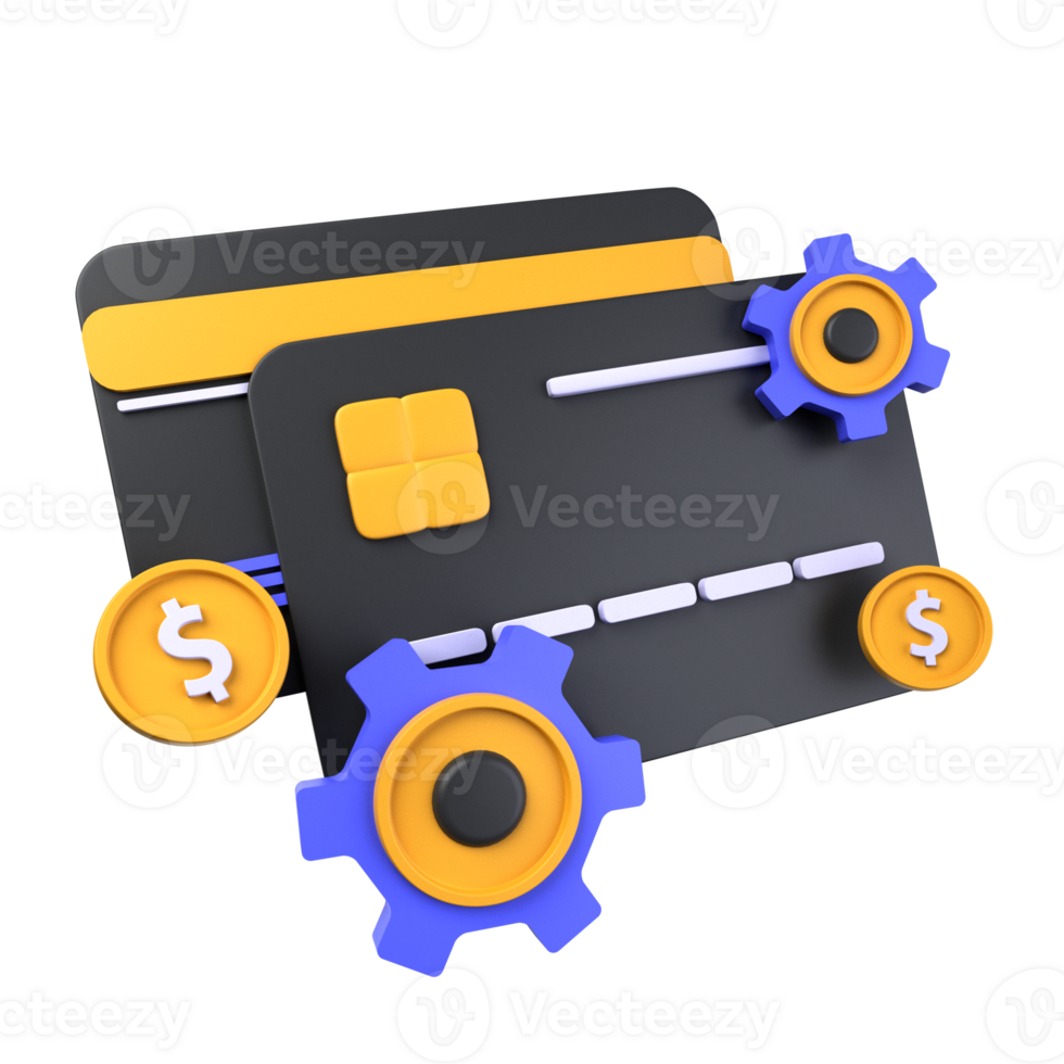 Card Transaction Process of 3d illustration. credit card, dollar coin, gears. payment transaction 3D concept. 3d illustration png