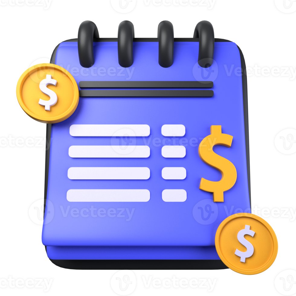 Payment Report of 3d illustration. note board, description, dollar icon, dollar coin. payment transaction 3D concept. 3d illustration png