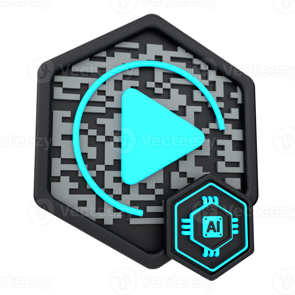 3d artificial intelligence concept icon. Artificial Intelligence . AI chip with play button and digital data. 3d illustration png