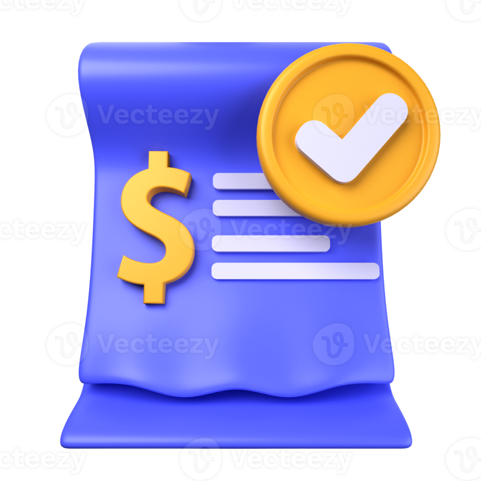 Approved Bill of 3d illustration. blue paper, dollar icon description, checklist symbol. payment transaction 3D concept. 3d illustration png