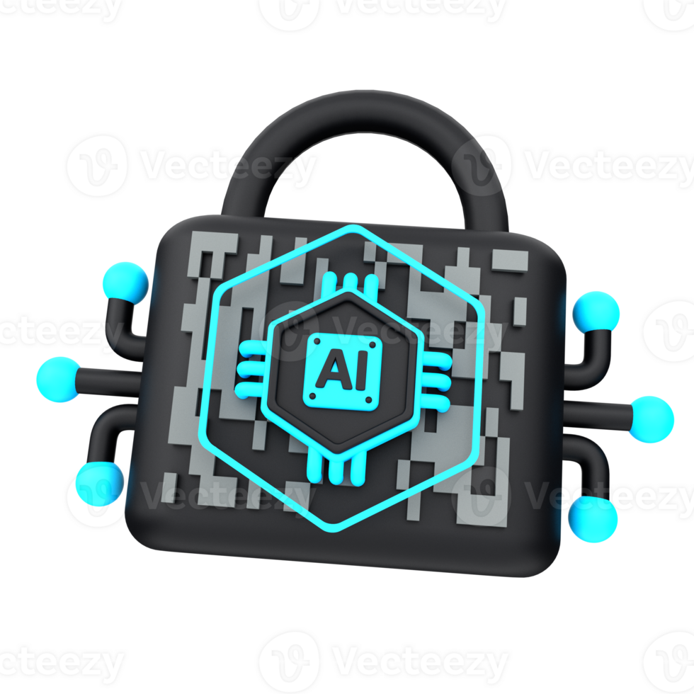 3d minimal artificial intelligence concept. Artificial Intelligence Security. AI chip with locked padlock and connection cable. 3d illustration png