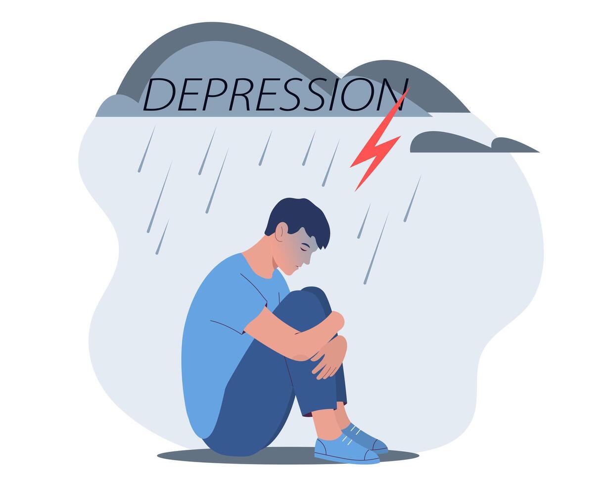 Sad male suffer from depression or mental psychological problems. Young man sitting under rain and cloud. Crisis, burnout syndrome, relationship trouble, loneliness vector